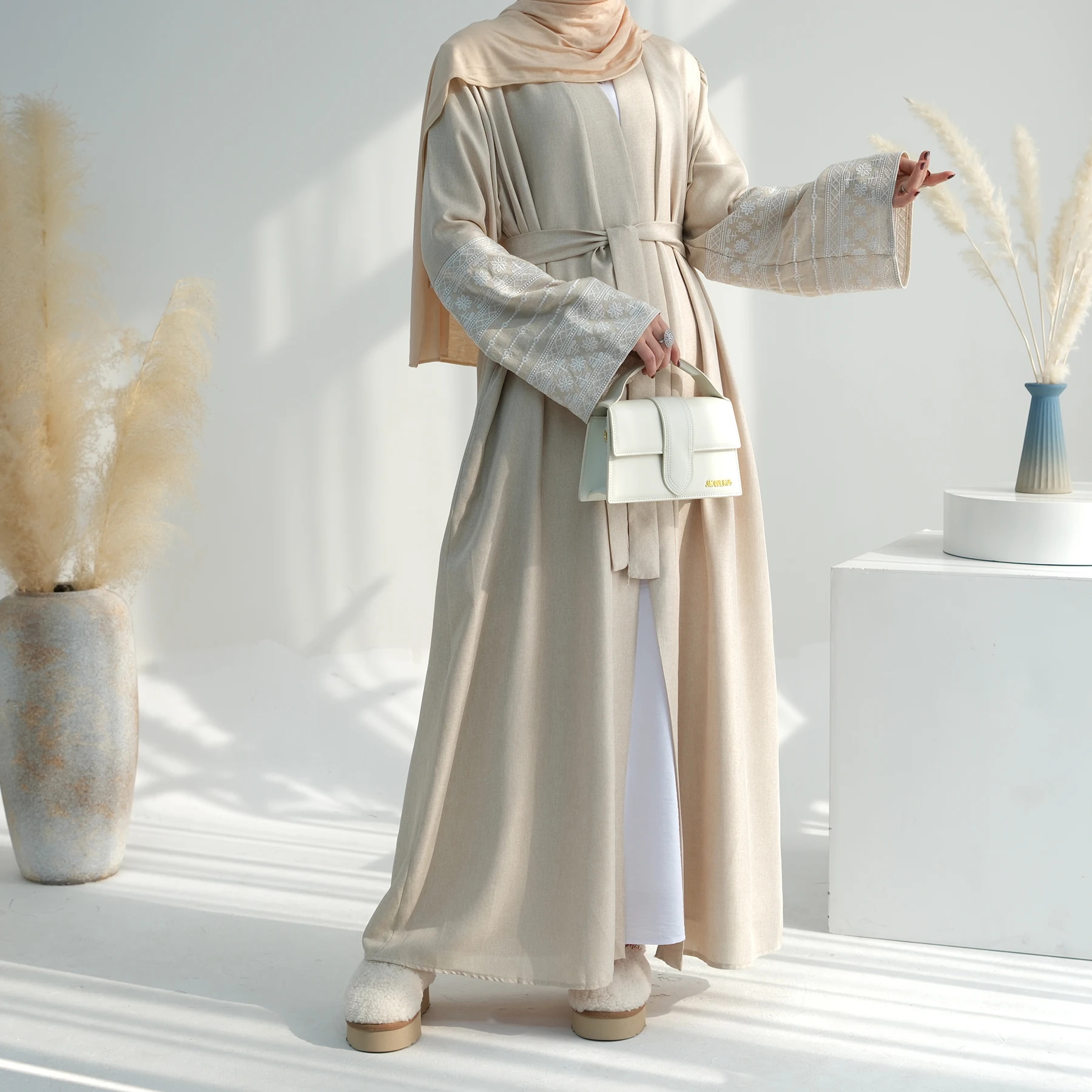 2024 Ramadan Linen Embroidery  Linen Open Abaya Femmes Robe Musulmane  Abaya Women Muslim Dress  Islamic Clothing