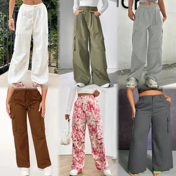 Wholesale women's plus-size cargo pants Custom women's pants cargo street fashion solid color loose lace-up pants