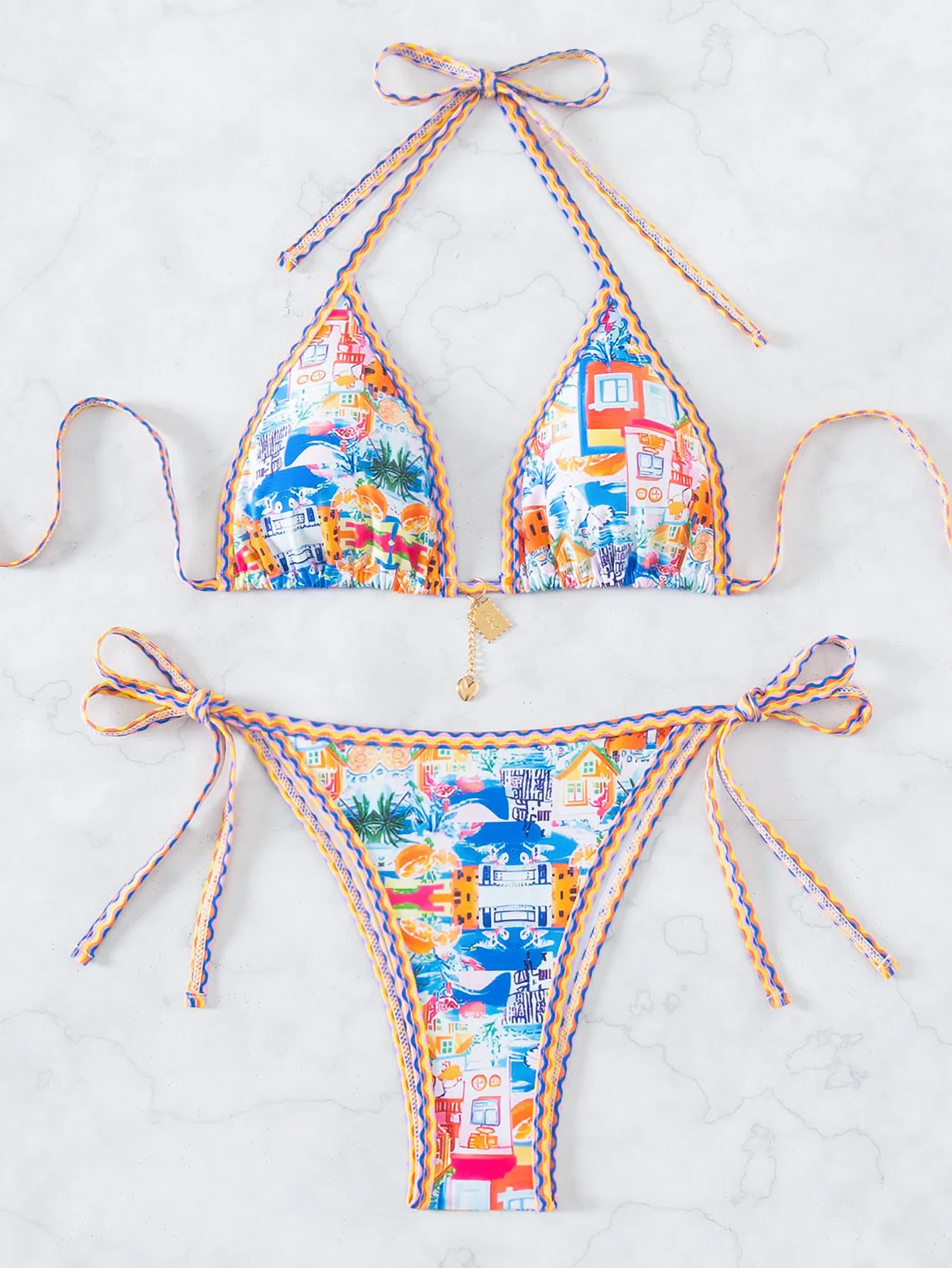Wholesale Custom Logo Women 2 Piece Floral Bikini Boho Halter Triangle ...