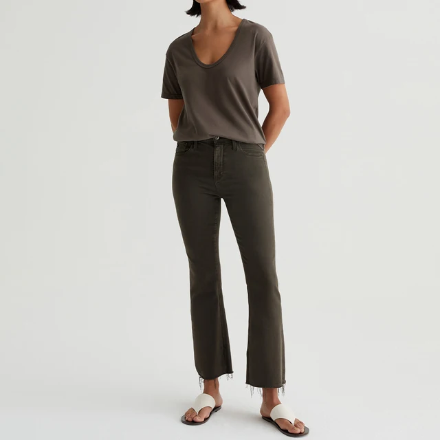 Women's High Rise Cropped Flared Bootcut Jeans Brown Soft Stretch Denim with Raw Hem Embroidery & Rivet Decoration OEM