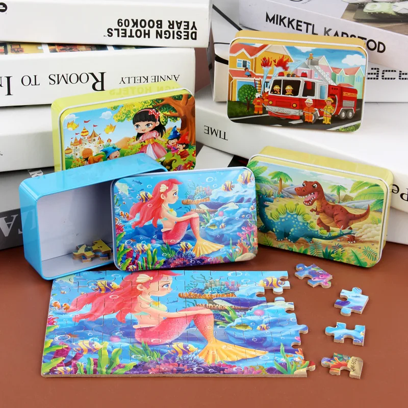 High quality 60 Pieces Tin Box Wooden Kids Puzzle Animal Dinosaur Mermaid Jigsaw Puzzle Wooden Toys Early Educational Toy