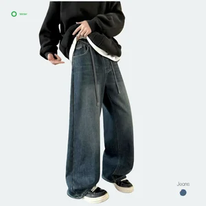 Men's Winter Vintage Blue Straight-Leg Denim Light Breathable Windproof Fleece Mid Waist Casual Loose Fashionable Solid Color