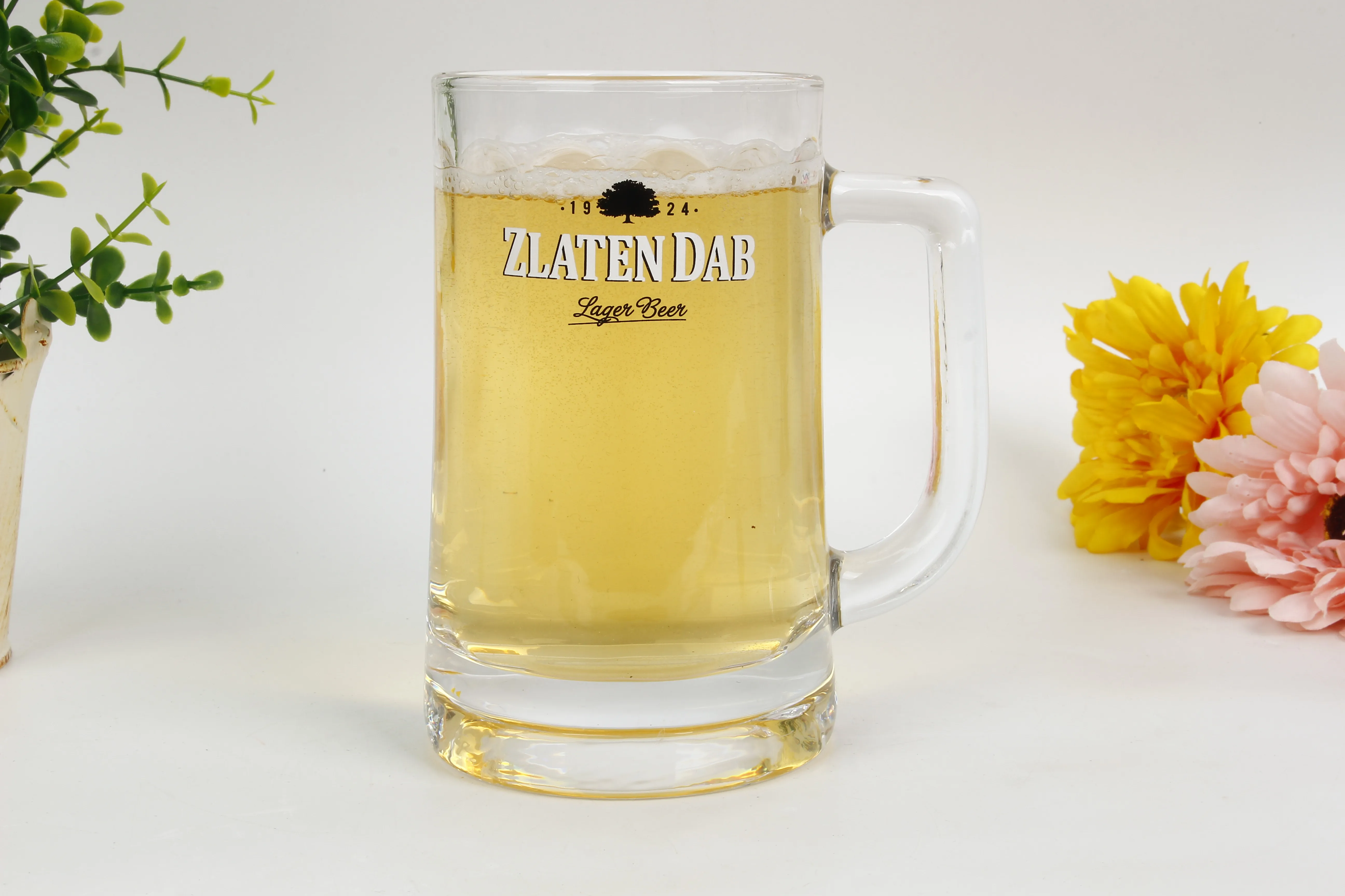 360ml clear Decal Printing logo Glass Beer Mug/thick Beer Glass Cup with Handle/rtl Glass