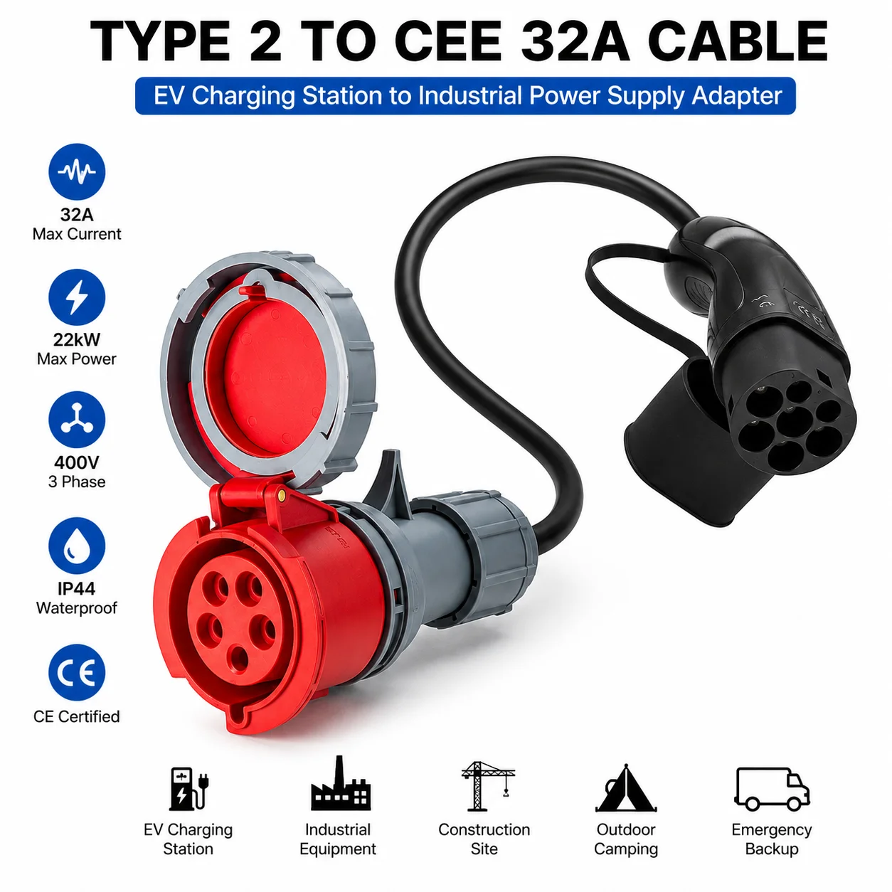 AOTAI Type 2 to 32A 5 Pin CEE Industrial Plug Adapter Cable 3 Phase EV Charging Station Extension 22kW 400V