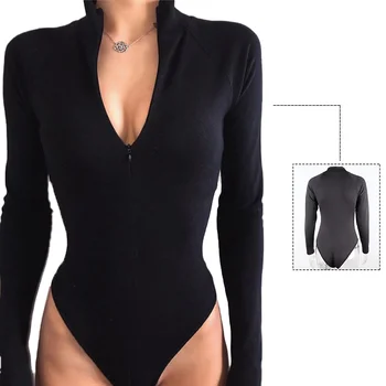 New High Neck Zipper Dance Wear Dancewear Solid Color Stretchy Long Sleeves Slim Bodysuits Women's Knitted Jumpsuits Leotard