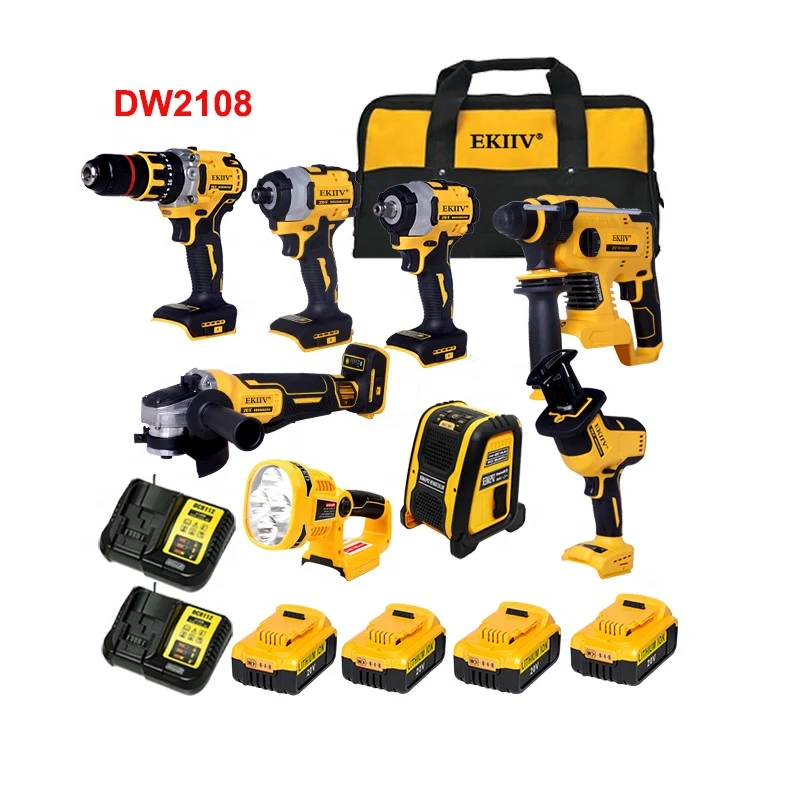EKIIV 20V Power Tools Rechargeable Lithium Electric Hammer Drill Brushless Angle Grinder Cordless Wrench Combination Tool Set