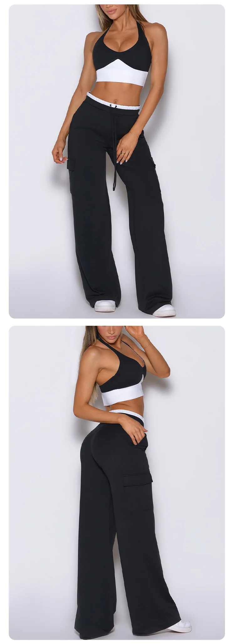 Women's Halter Yoga Set Backless Sports Bra Wide Leg Cargo Pants Two Piece Activewear — detail