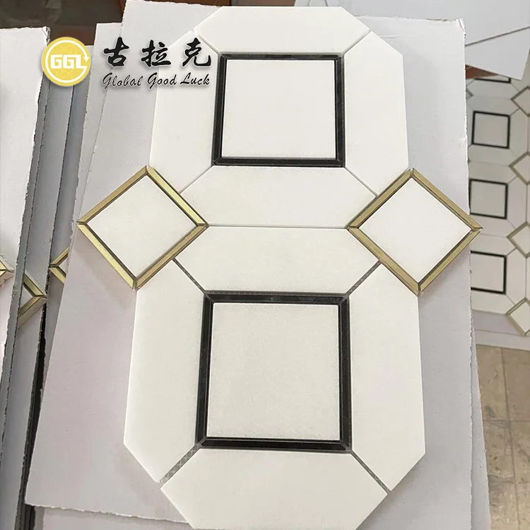 Mix Shape Marble Waterjet Mosaic Tile Inlay Brass Design for Home ...