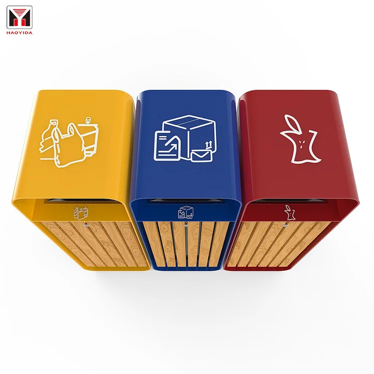 Wholesale Three Compartment Recycle Bin Unique Dustbin Trash Can for City Wooden Dustbin with Lid