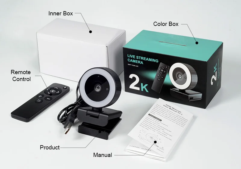 Luckimage Remote Control 2k cam Zoom Hd cam With Ring Light Usb