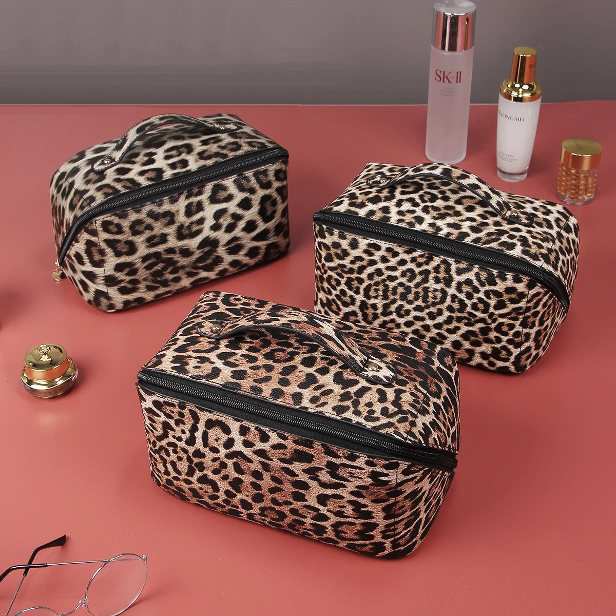 Pu Leather Leopard Printing Waterproof Soft Pu Toiletry Travel Bag Big