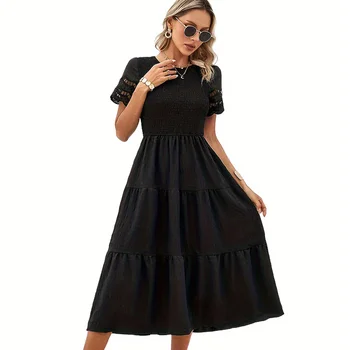 Spring Summer 2024 Long Casual Plain Color Fashion Dresses Women Lady Elegant High Quality Hollow Out Dress