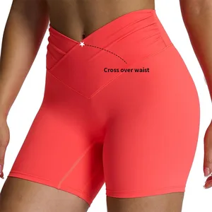 Fuyida Custom Solid Workout Biker Shorts Women Cross-Waist Tummy Control High Waisted Hidden Scrunch Yoga Short Four-Way Plus XL