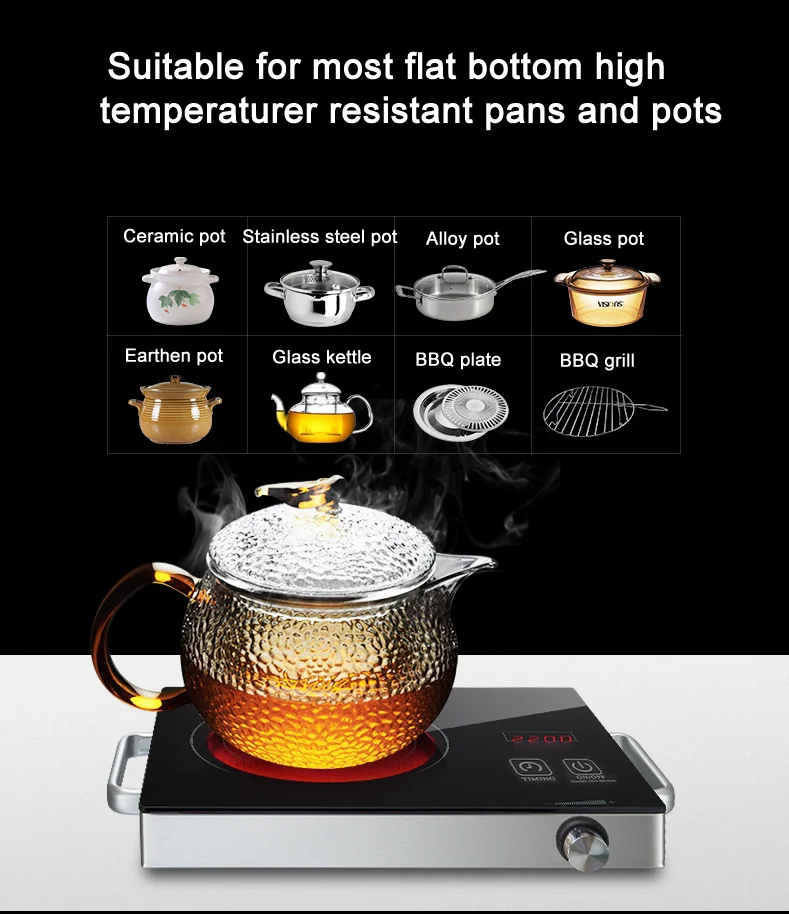contrôle de la température minuterie double anneau de feu cuisinière bouton tactile intelligente Bureau du brûleur infrarouge lointain 2200W plaque chauffante portable et les ustensiles de cuisine 
