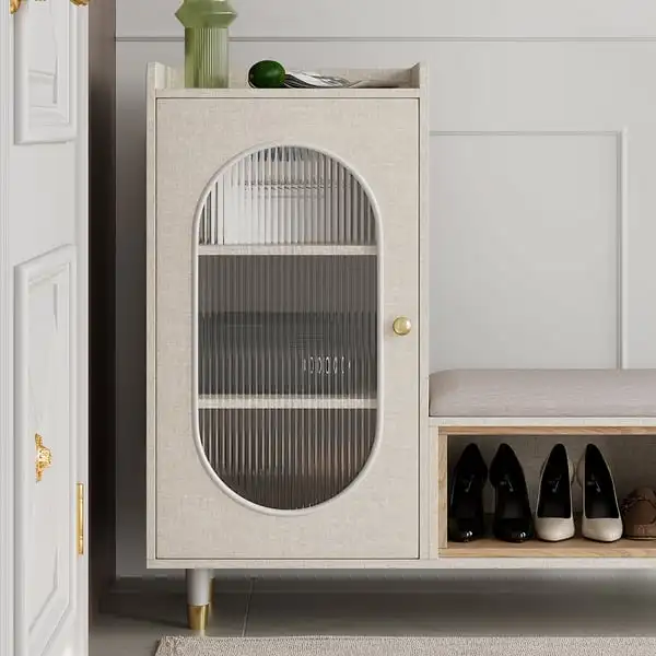 Upholstered Modern Shoe Storage Cabinet with Door White Entryway Storage Bench Cabinet