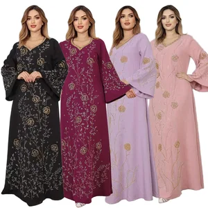 Wholesale New Middle Eastern Muslim Women Robe Rhinestone Abaya Elegant Loose Dress