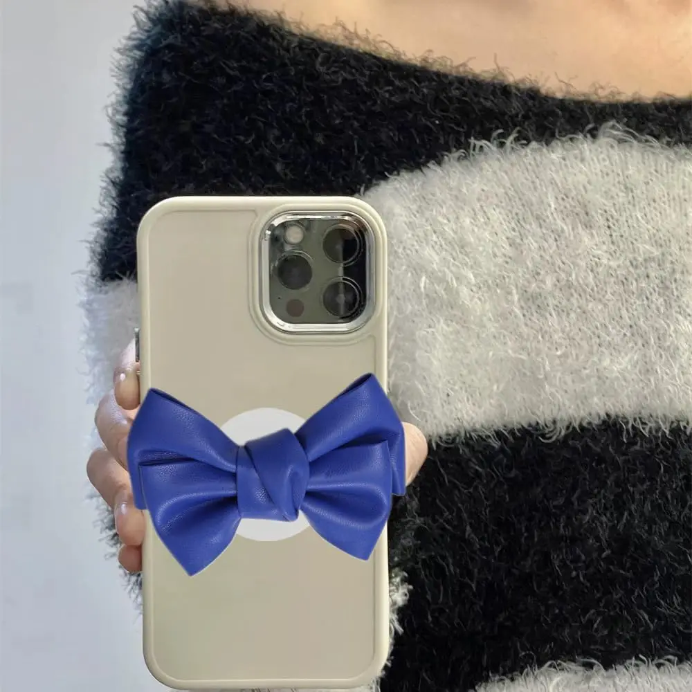 Cute Bowtie Design Pattern Fashion Style Street PU Leather Grip Holder Colorful Leather Phone Holder For Girls Women factory