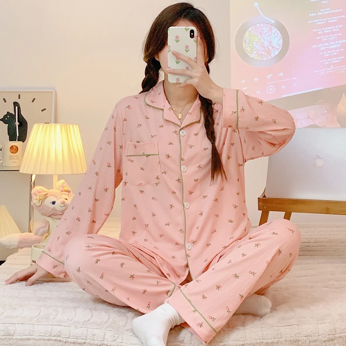 Long Sleeve Nightgown Cotton Knitted Sets Pijamas Mujer Nighty