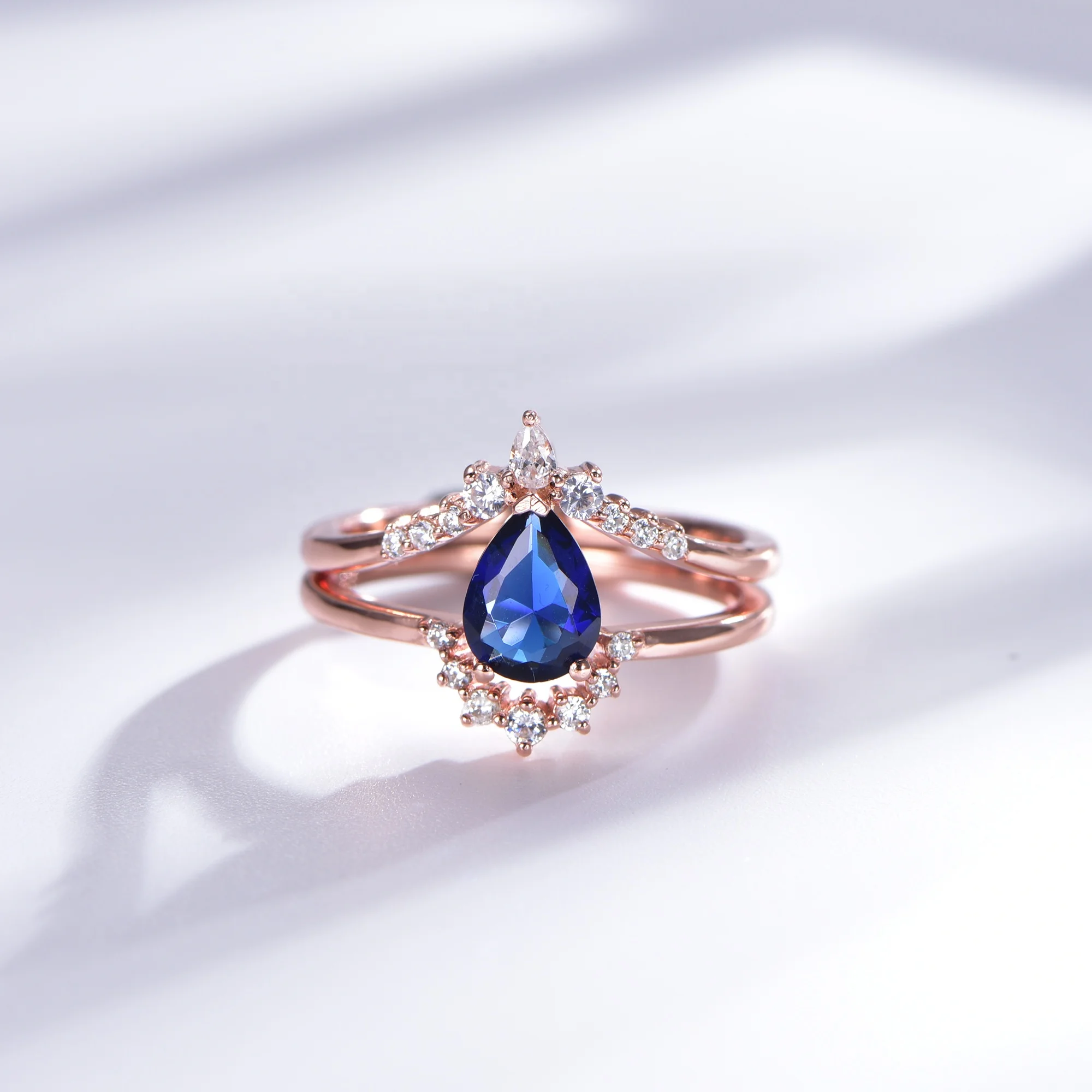 2 piece 925 engagement ring set dark blue diamond rose gold plating womens wedding rings