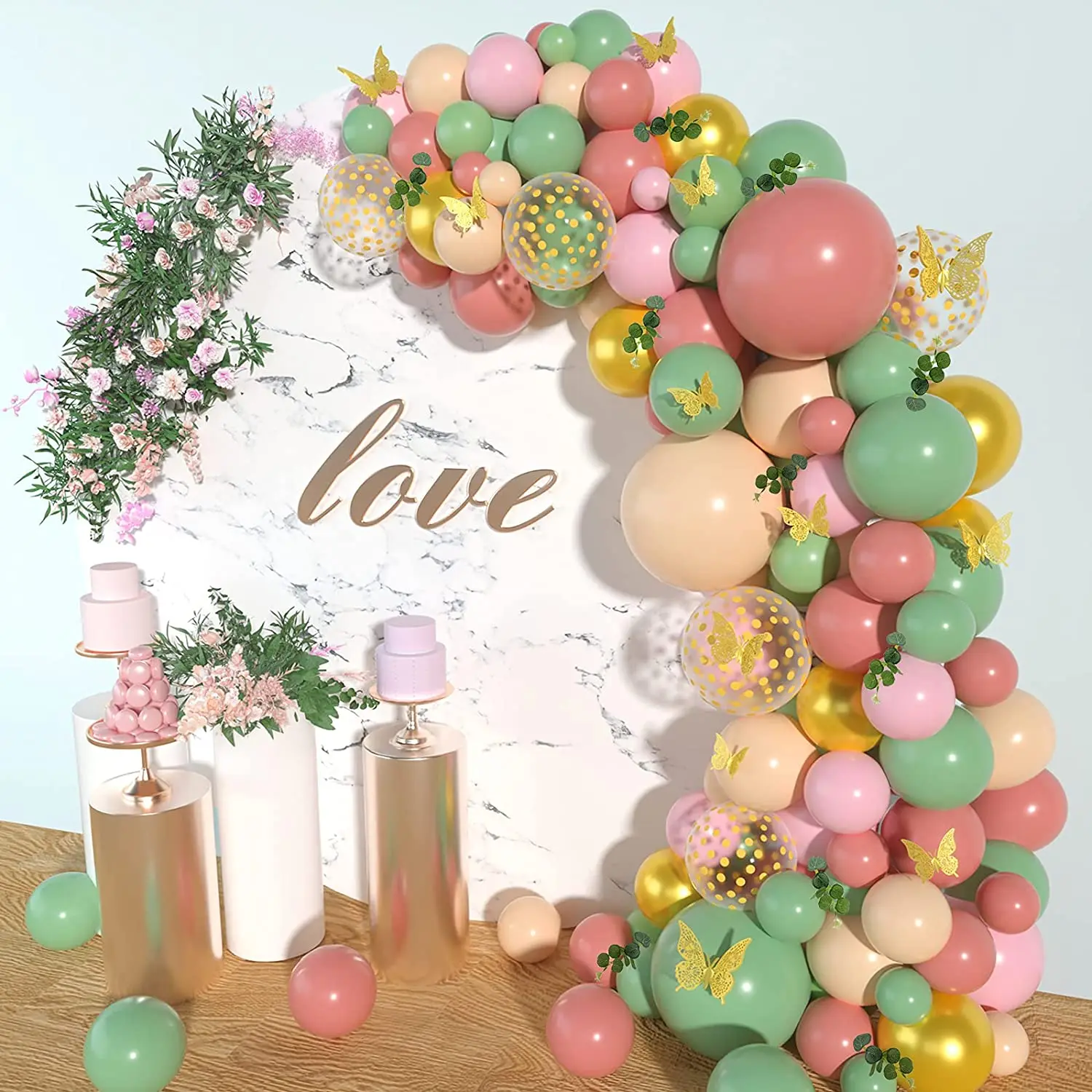LEMON Coral Dusty Pink Sage Green Globos Balloon Arch Garland Kit 3D  Butterfly Eucalyptus Leaf Birthday Baby Shower Wedding, image size:1500x1500