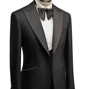 Men's Bespoke All-Black Tuxedo Set Satin Silk Bow Tie Lapel Wool Zipper Fly Evening Wear Plus Size Tailored for Comfortable