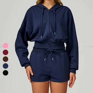 Women Comfortable Two Pieces Tracksuit Set Long Sleeve Jackets Hoodie Suit With Athletic High Waist Sports Shorts Yoga Set