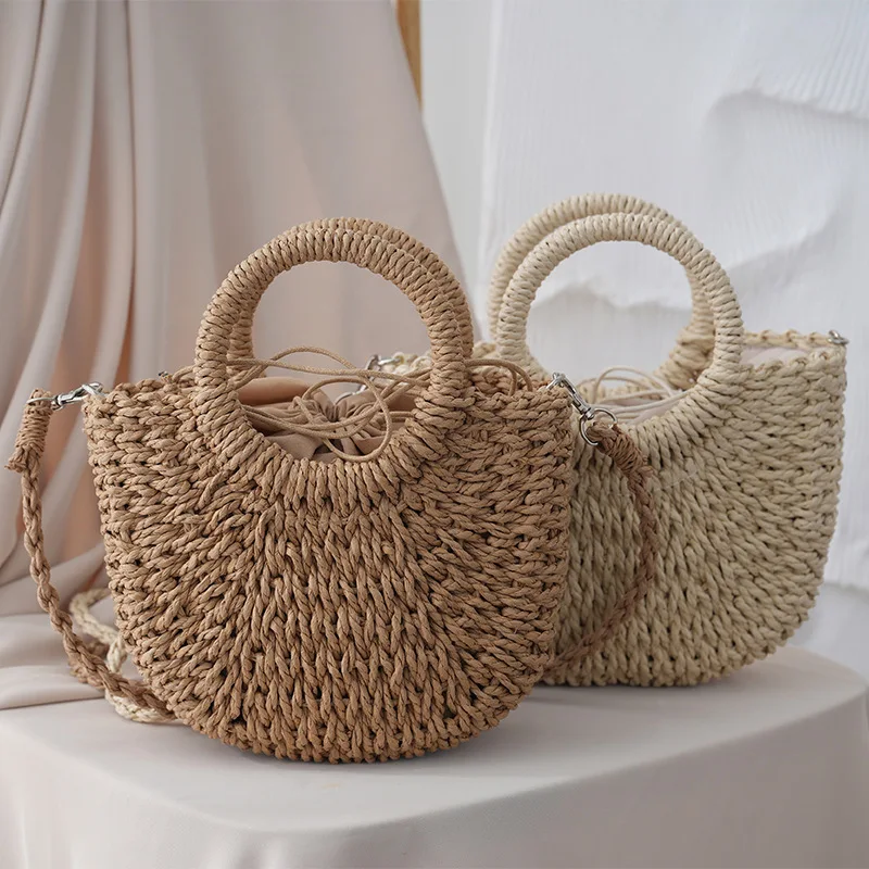 Round Rattan Crossbody Bag - Handwoven Boho Beach Bag For Women With Leather Shoulder Strap