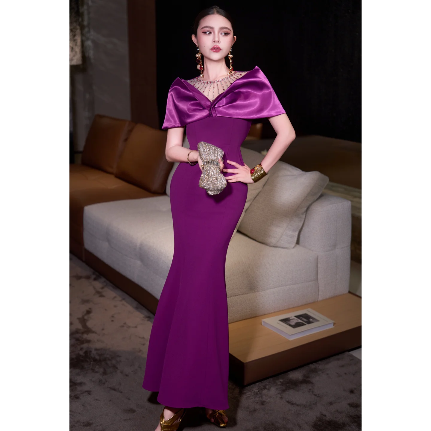 Elegant Fashionable Breathable Light-luxury High-end V-neck Slim Fit High Waist Polyester Fishtail Long Dress Women Red
