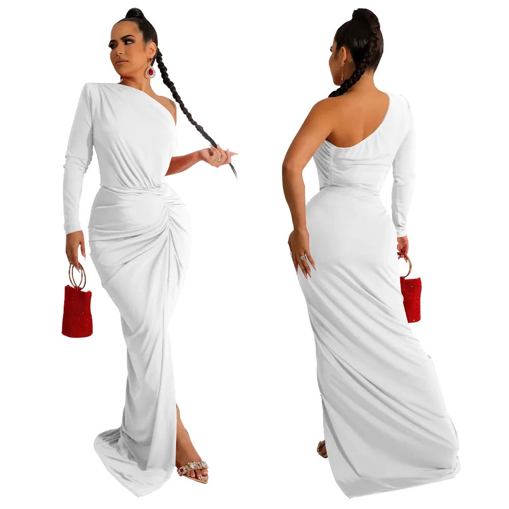 OJW020572 модное сексуальное однотонное облегающее элегантное платье с рюшами одним рукавом темпераментное вечернее платье-годе для