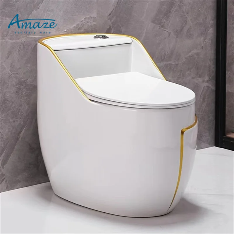 Modern design simple sanitary ware ceramic bathroom white gold line siphon one piece color toilet bowl