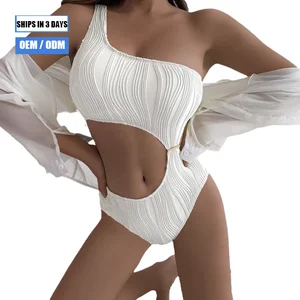 2026 New Sexy Hollowed-out Breathable Stretch Swimsuit Bikini Wholesale Solid Color One-shoulder One-piece Swimsuit Set