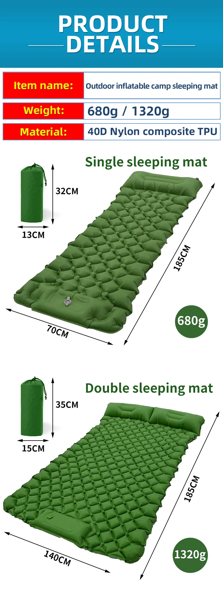 Portable Camping Sleeping Pad With Built-in Foot Pump Ultralight ...