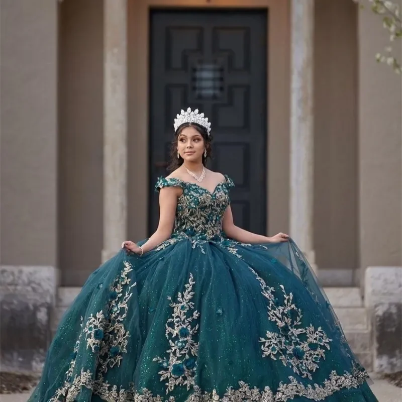 green emerald velvet dress New Emerald Green Quinceanera Dresses Sequined Off The Shoulder Sweet 16 Puffy Tulle Ball Gown Vestidos de Quinceañera main image 0