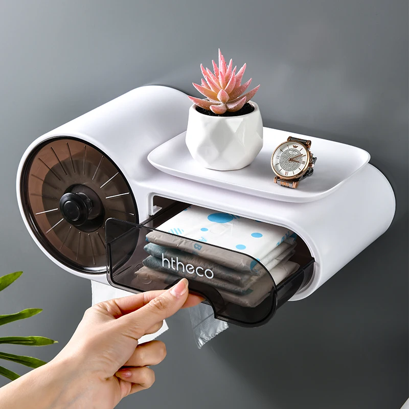 Hot Selling Modern Plastic Multifunctional Toilet Roll Paper Holder Non-Punching Wall Mounted Tissue Box for Hotels