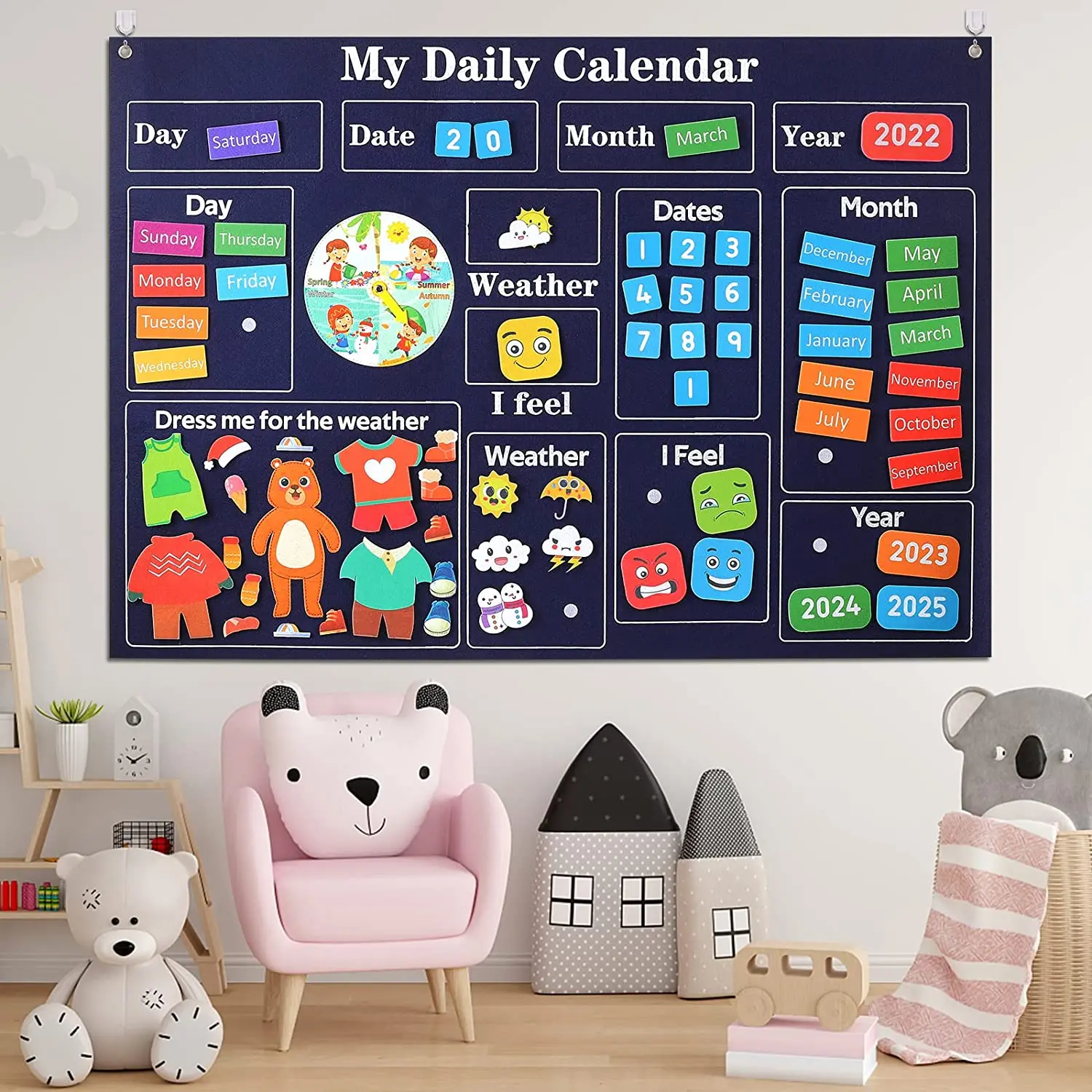 2024 My First Daily Calendar Day Week Chart must Haves Foldable Personalized Wall Felt Flannel Activity Board for Kids