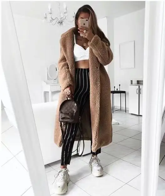Wish Ebay Winter Hot Selling Long Overcoat Khaki Plus Size Sherpa Coat for Ladies