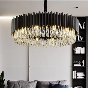 Round Chandelier Hotel Black Modern Luxury Rectangle Crystal Drop Led Chandeliers in Ceilings