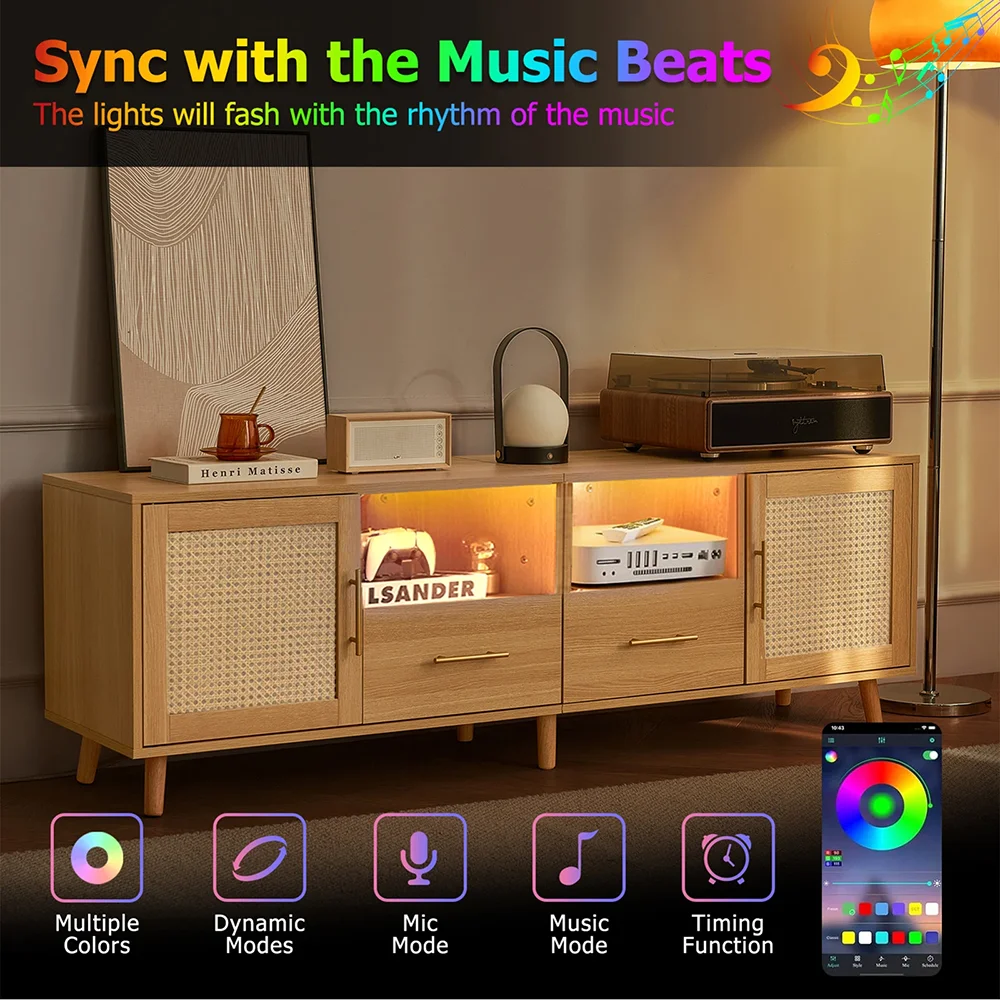 Large Modern MDF TV Stand 75\" LED Light Charging Station Coastal Media Console Rattan Door Multimedia Storage Furniture 2 details