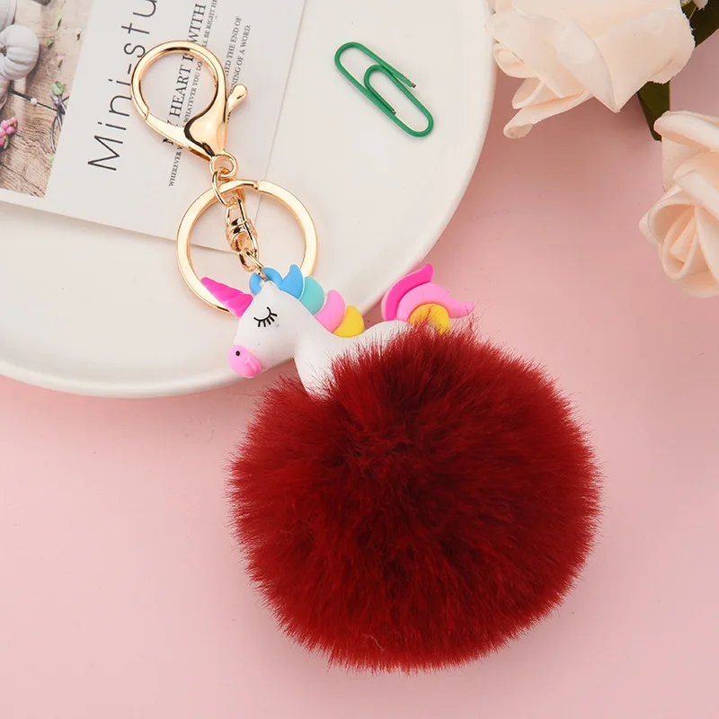 Wholesale Wholesale Gold Metal Rabbit Fur Ball Pony Soft 3D PVC Unicorn  Alloy Key Ring Bag Pendant Pom Pom Car Keychain From m.