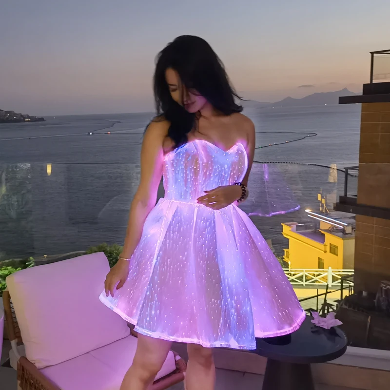 Women's Romantic LED Luminous Fabric Evening Party Dress Latest Design  Knee-Length LED Fiber Optic Gown Natural Waistline Prom