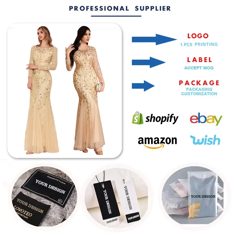 Luxury Women Evening Down Drs Elegant Slim Mh Long Sleeve O-neck Sequin Party Banquet Mermaid