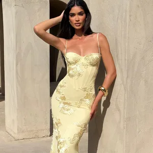 Elegant Backless Maxi Dress With Fishbone Chest Pad Women Fashion Sleeveless Sexy Bodycon Club Party Long Mermaid Dress