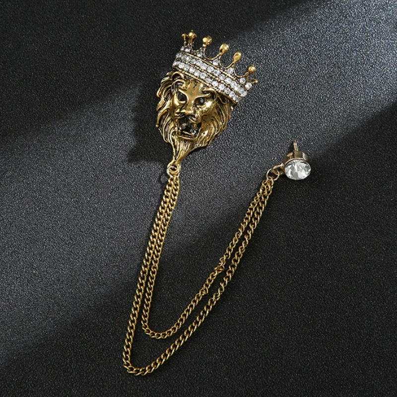 レトロビンテージラペルピンチェーンブローチライオンヘッド付き