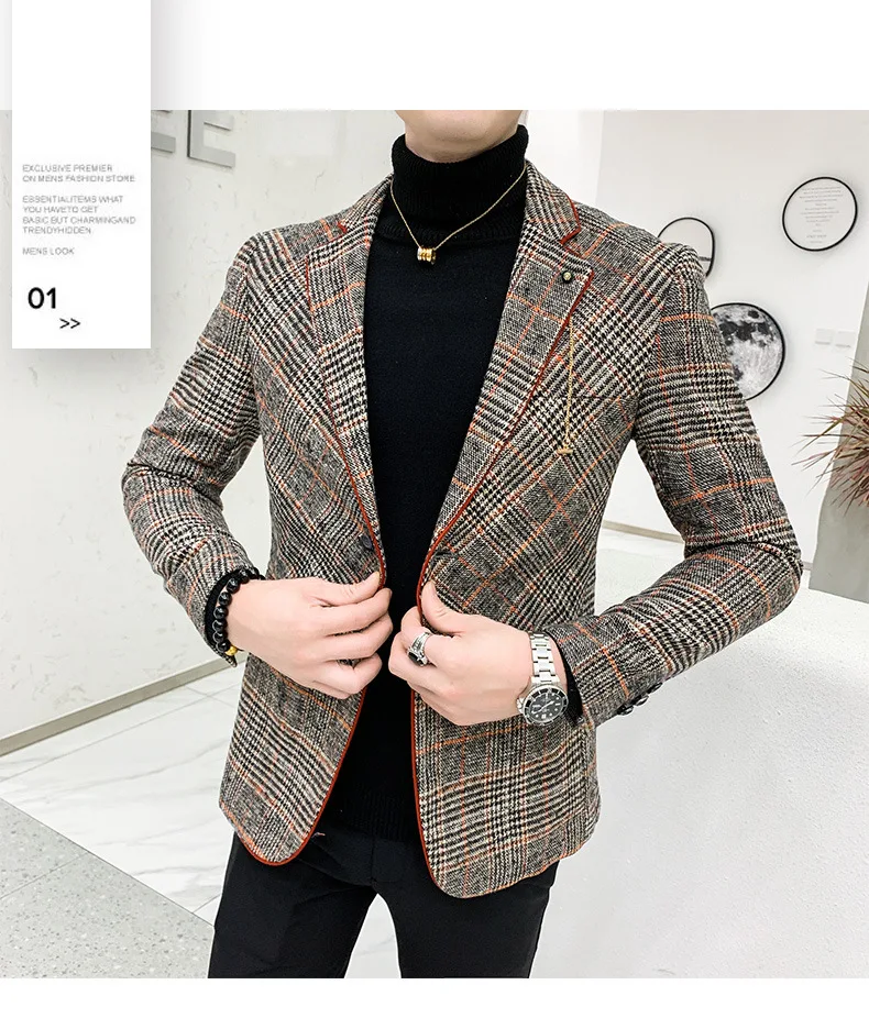 Men's Blazers Suit Jacket Woolen Short Plaid Blazer Jacket Single ...