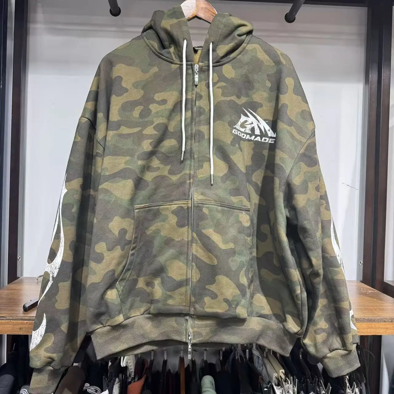 Zip up Custom Full 420 GSM Printing Camo Hoodie Heavy Boxy Cropped Fit Vintage Distress Embroidery Logo Oversized Men Hoodie