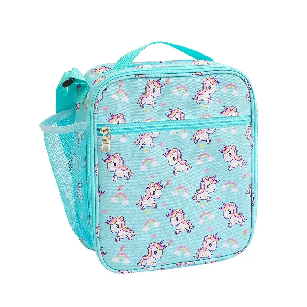 New Arrival Portable Cartoon Unicorn Kids Student Insulated Lunch Bento Bag with Side Mesh Pocket for School Picnic