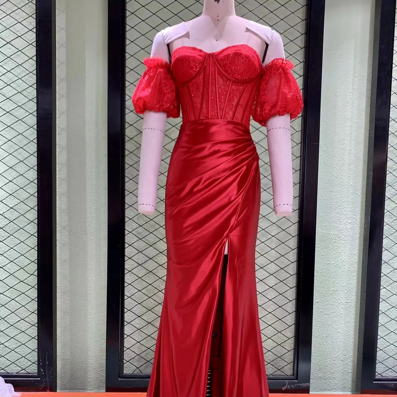 Buy Lace Sweet Prom Dresses Red Rhinestone Puff Sleeve Corset Sweetheart Pleated Shiny Satin Fitted Slit Prom Dress Buy Lace Sweet Prom Dresses Red Rhinestone Puff Sleeve Corset Sweetheart Pleated Shiny Satin Fitted Slit Prom Dress