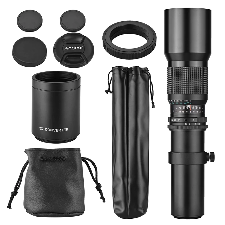 Andoer 500mm/ 1000mm f/8ハイパワーカメラ望遠レンズマニュアルフォーカス、ニコン用2Xコンバーターレンズカバーレンズ付き