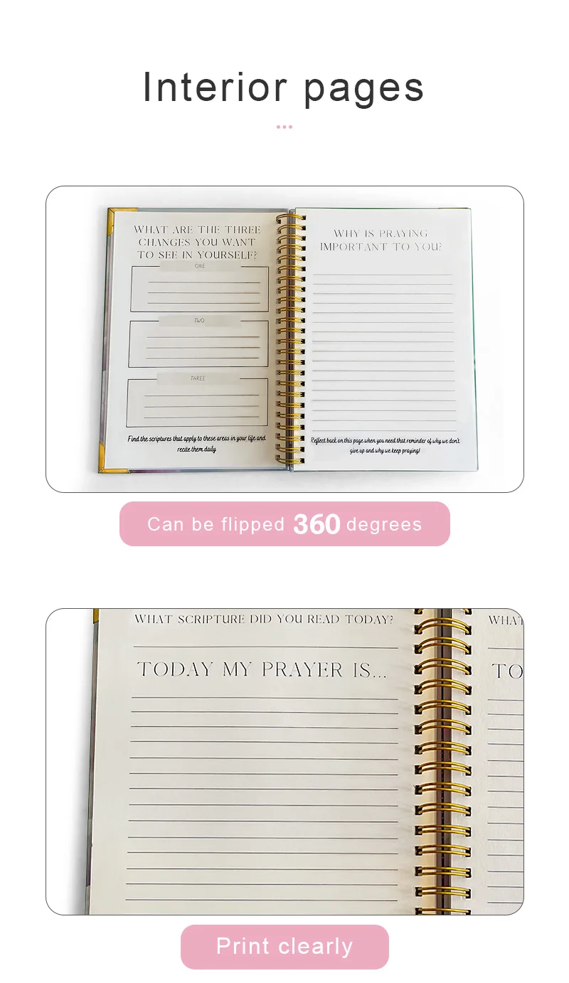 Professional Factory Book Printing Services Planner Notebook Printing Custom Cover logo Diary Prayer Journal manufacture