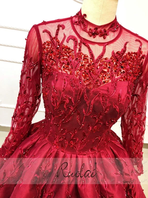 Ruolai OEV-L4013 Luxury Muslim Arabic Long Sleeves Beaded Crystal  Engagement Dress Ball Gowns Wedding Dresses Turkey Istanbul